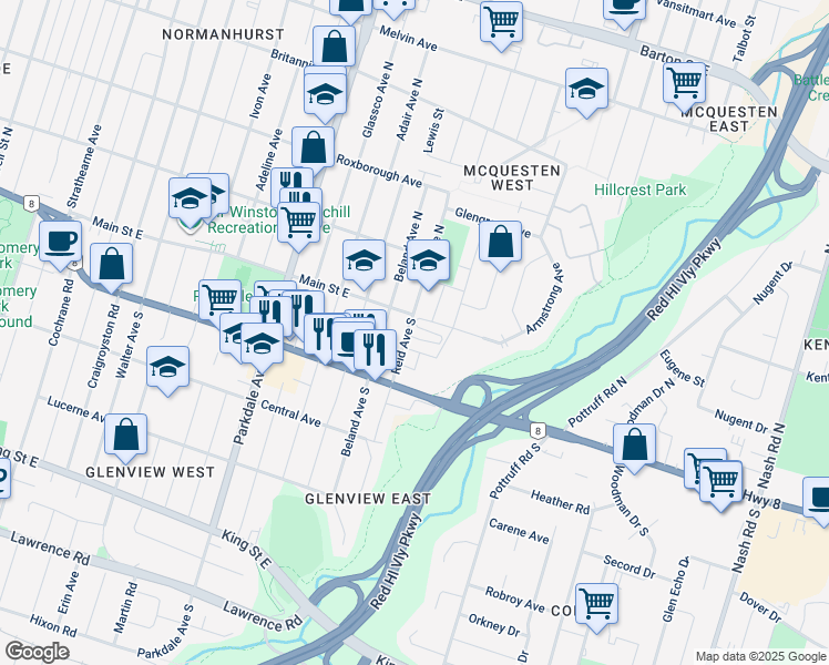map of restaurants, bars, coffee shops, grocery stores, and more near 21 Lang Street in Hamilton