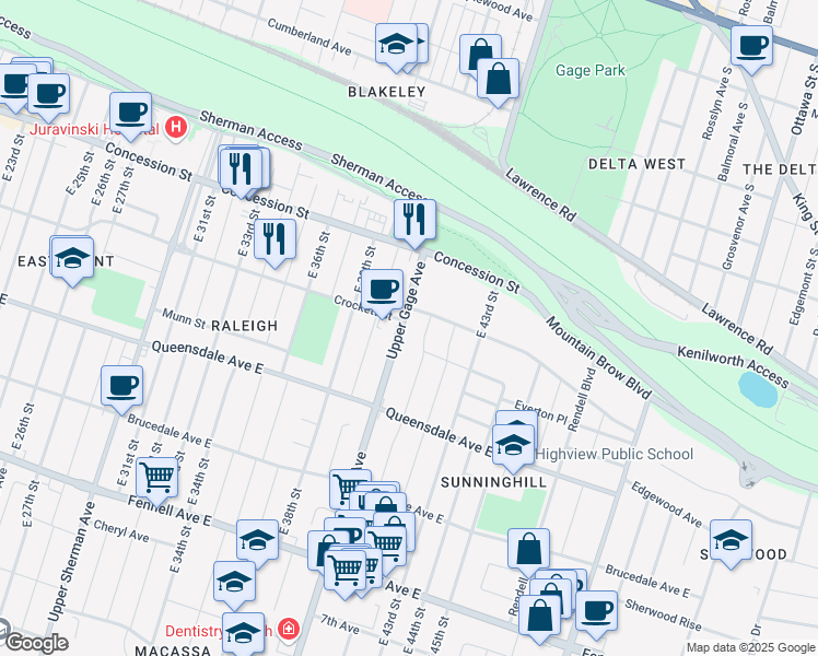 map of restaurants, bars, coffee shops, grocery stores, and more near 397 Upper Gage Avenue in Hamilton