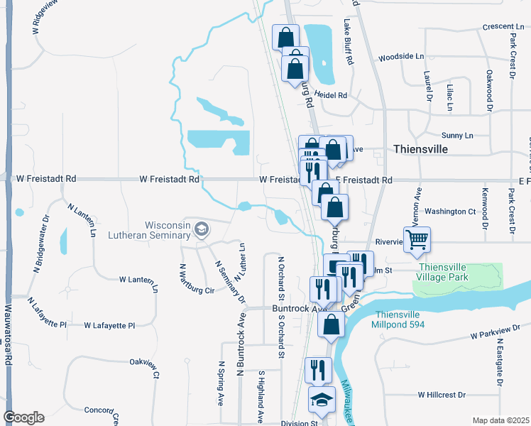 map of restaurants, bars, coffee shops, grocery stores, and more near 220 Williamsburg Drive in Thiensville
