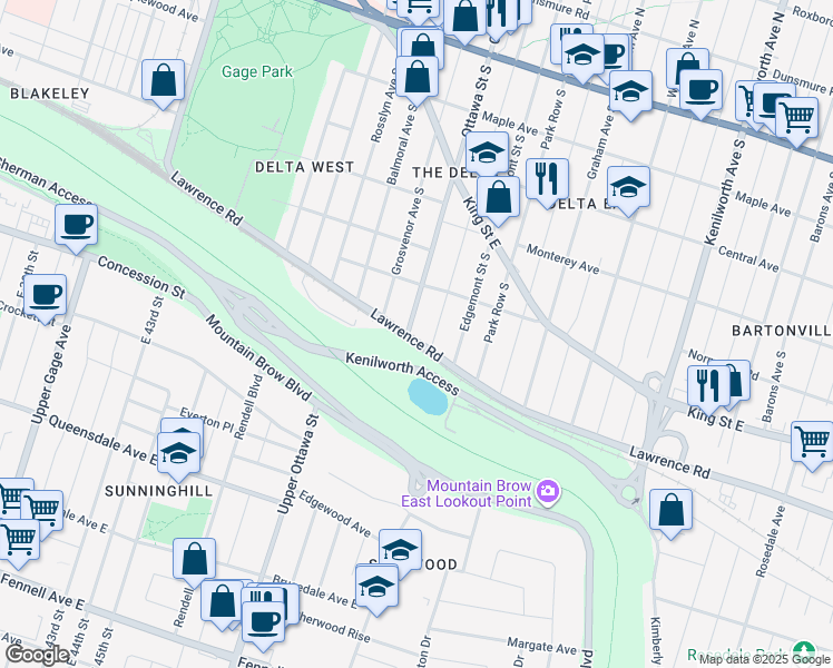 map of restaurants, bars, coffee shops, grocery stores, and more near 287 Ottawa Street South in Hamilton