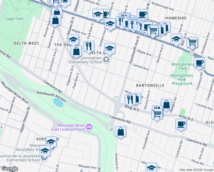 map of restaurants, bars, coffee shops, grocery stores, and more near in Hamilton