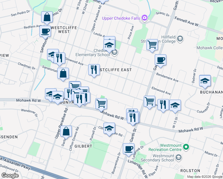 map of restaurants, bars, coffee shops, grocery stores, and more near 243 Sanatorium Road in Hamilton