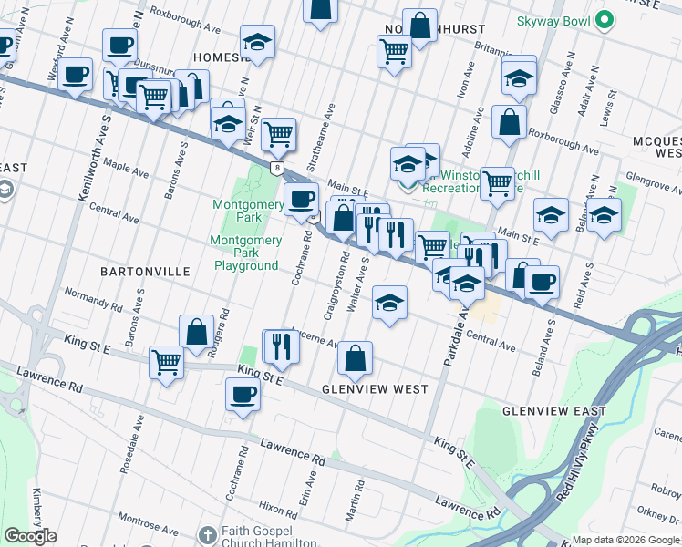 map of restaurants, bars, coffee shops, grocery stores, and more near 140 Walter Avenue South in Hamilton