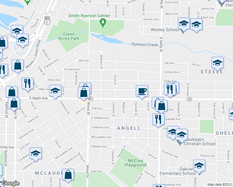 map of restaurants, bars, coffee shops, grocery stores, and more near 972 Scott Street in Muskegon