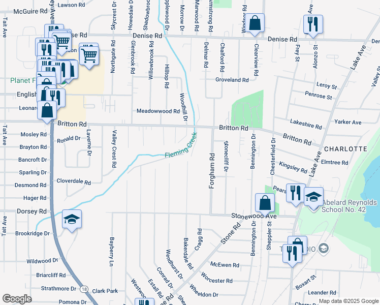 map of restaurants, bars, coffee shops, grocery stores, and more near 141 Cor-Mar Lane in Greece