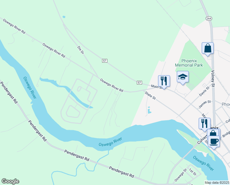 map of restaurants, bars, coffee shops, grocery stores, and more near 57 Oswego River Road in Phoenix