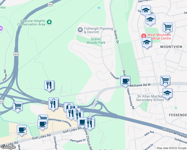 map of restaurants, bars, coffee shops, grocery stores, and more near 50 Honeysuckle Crescent in Hamilton