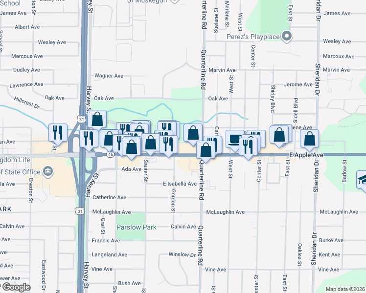 map of restaurants, bars, coffee shops, grocery stores, and more near 1930 East Apple Avenue in Muskegon