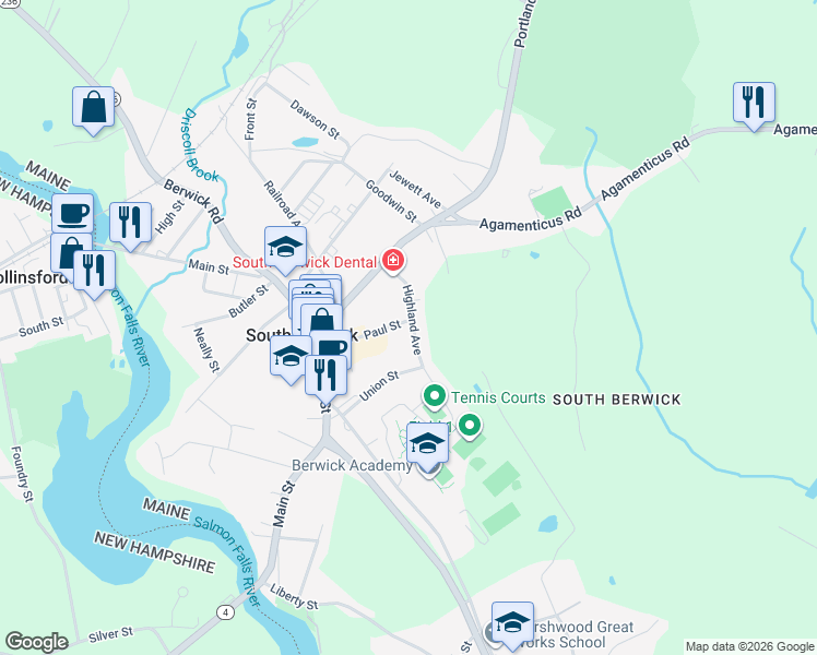 map of restaurants, bars, coffee shops, grocery stores, and more near 64 Paul Street in South Berwick