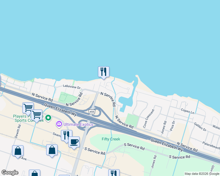 map of restaurants, bars, coffee shops, grocery stores, and more near 5 Harbour Drive in Hamilton