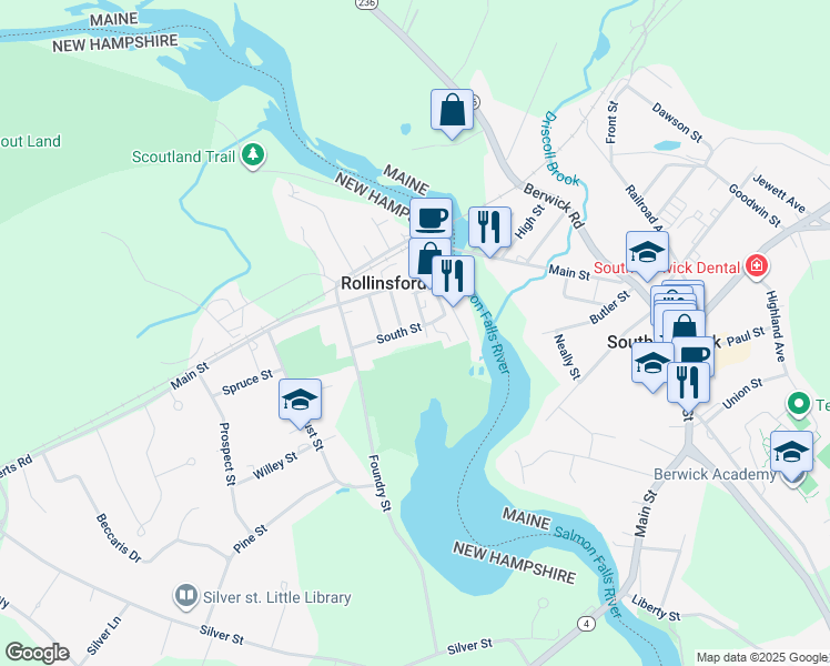 map of restaurants, bars, coffee shops, grocery stores, and more near 43 South Street in Rollinsford