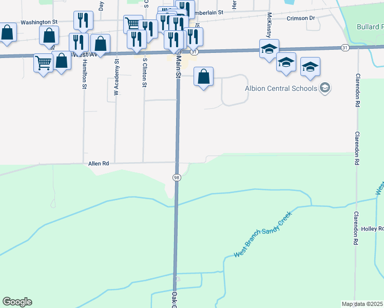 map of restaurants, bars, coffee shops, grocery stores, and more near 355 South Main Street in Albion