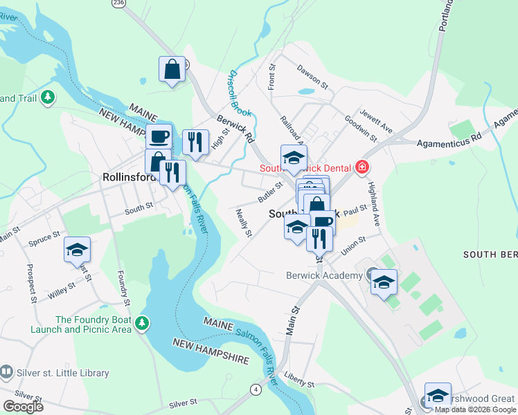 map of restaurants, bars, coffee shops, grocery stores, and more near 46 Young Street in South Berwick