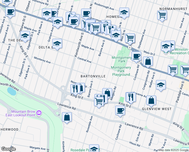 map of restaurants, bars, coffee shops, grocery stores, and more near 87 A Barons Avenue South in Hamilton