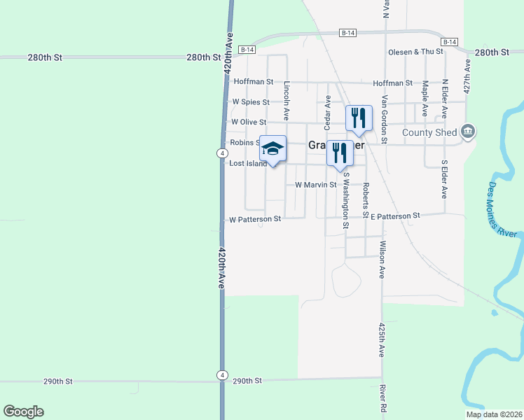 map of restaurants, bars, coffee shops, grocery stores, and more near 398 Jackson Ave in Graettinger