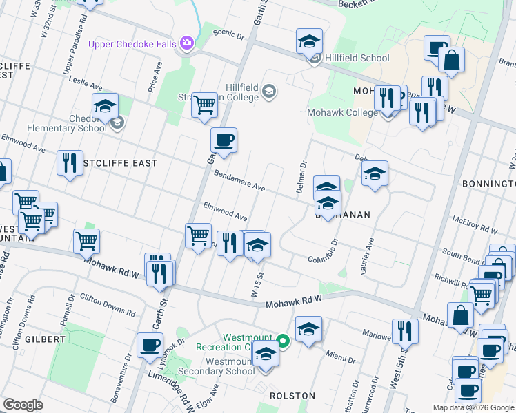 map of restaurants, bars, coffee shops, grocery stores, and more near 34 Briarwood Crescent in Hamilton