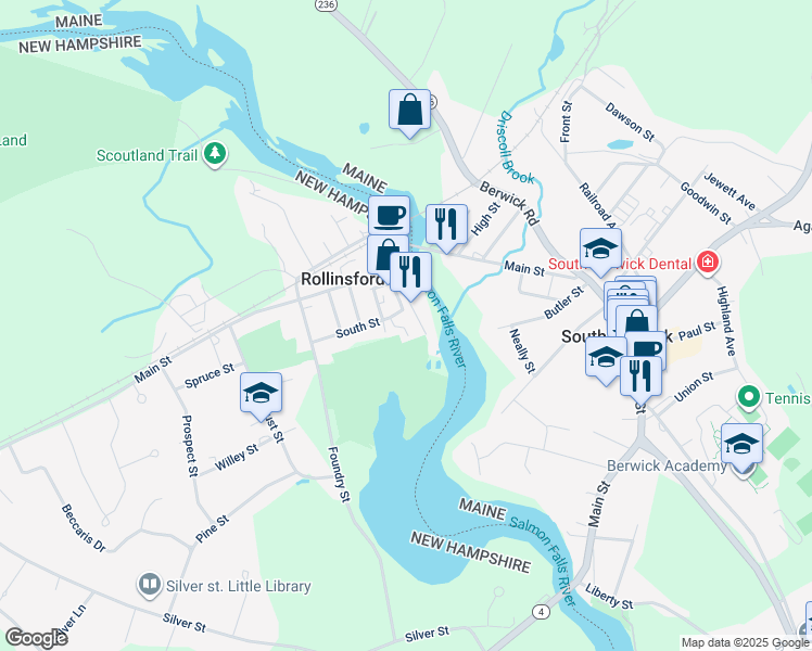 map of restaurants, bars, coffee shops, grocery stores, and more near 75 South Street in Rollinsford