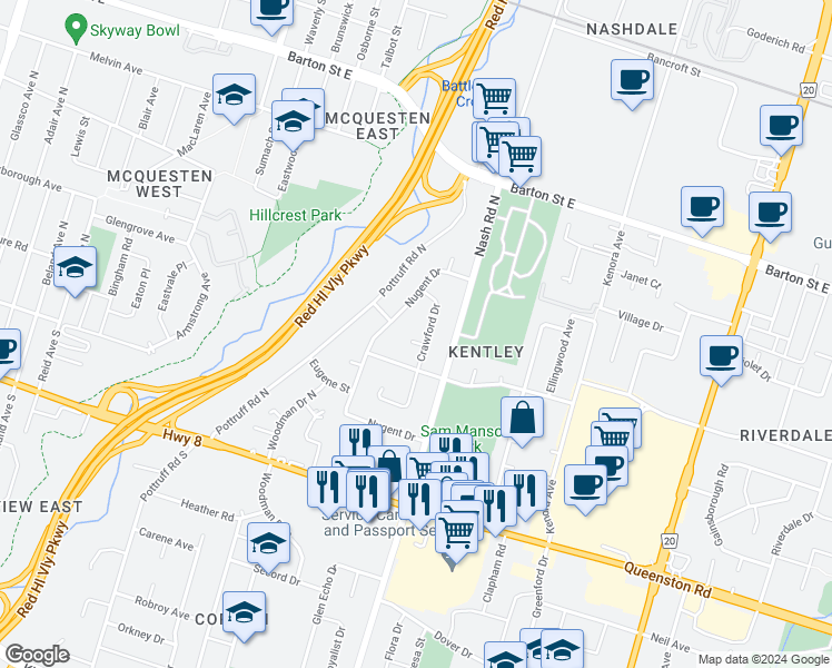 map of restaurants, bars, coffee shops, grocery stores, and more near 4 Hart Place in Hamilton