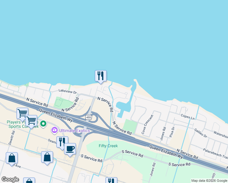 map of restaurants, bars, coffee shops, grocery stores, and more near 50 Edgewater Drive in Hamilton