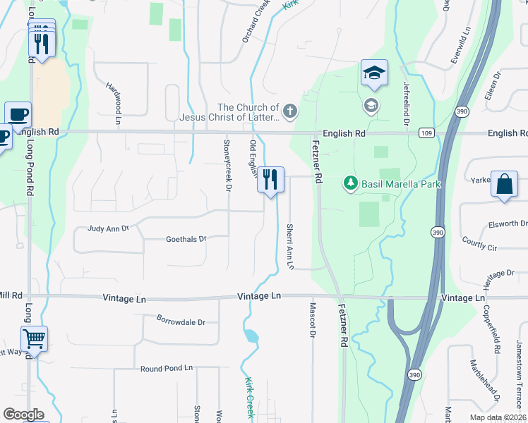 map of restaurants, bars, coffee shops, grocery stores, and more near 133 Old English Drive in Rochester