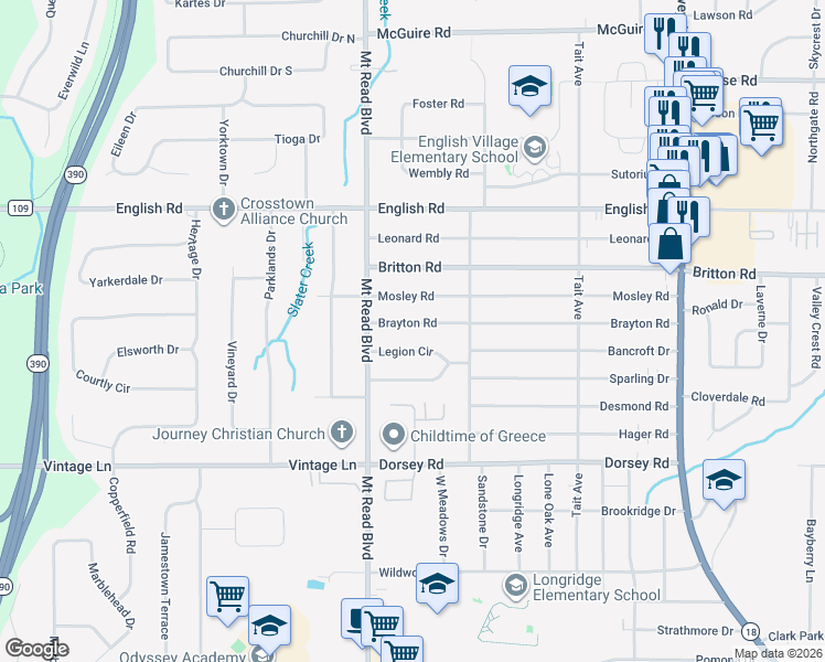 map of restaurants, bars, coffee shops, grocery stores, and more near 369 Brayton Road in Rochester