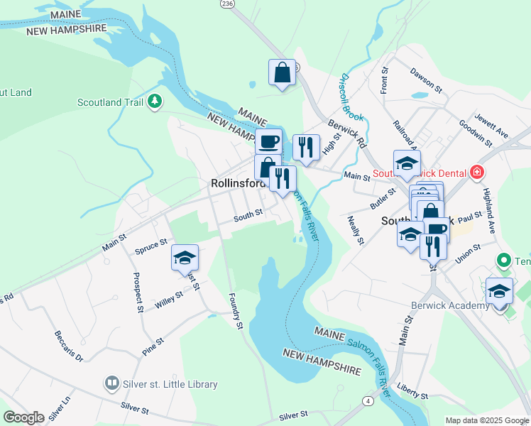 map of restaurants, bars, coffee shops, grocery stores, and more near 75 South Street in Rollinsford