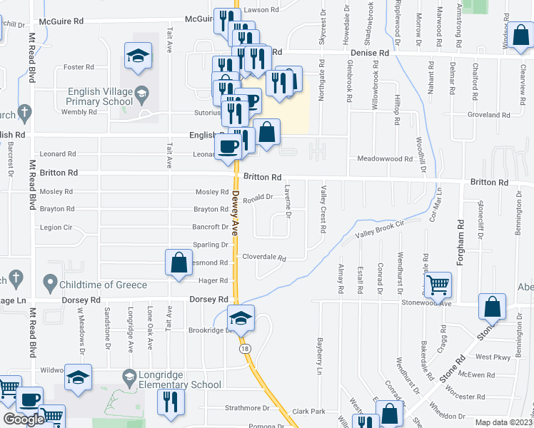 map of restaurants, bars, coffee shops, grocery stores, and more near 26 Linda Drive in Rochester