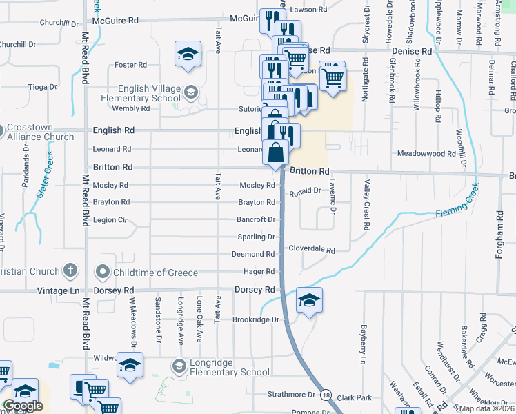 map of restaurants, bars, coffee shops, grocery stores, and more near 64 Bancroft Drive in Rochester