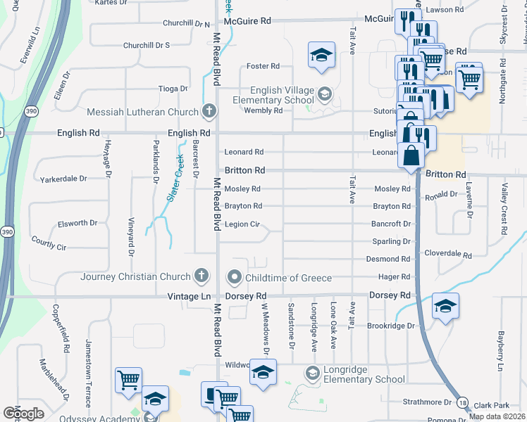 map of restaurants, bars, coffee shops, grocery stores, and more near 146 Legion Circle in Rochester