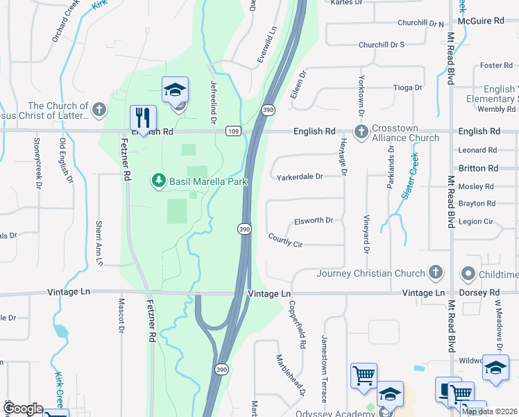map of restaurants, bars, coffee shops, grocery stores, and more near 200 Courtly Circle in Rochester