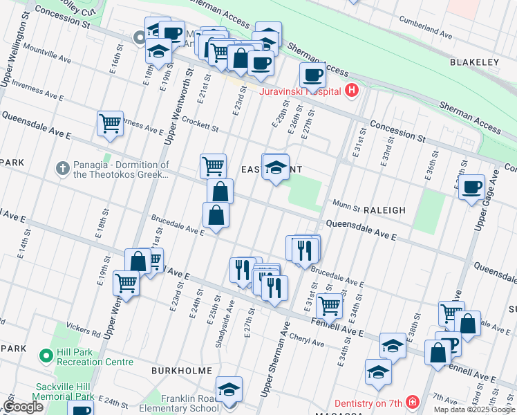 map of restaurants, bars, coffee shops, grocery stores, and more near 193 East 26th Street in Hamilton