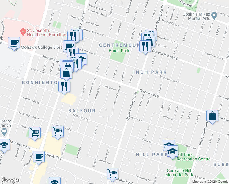 map of restaurants, bars, coffee shops, grocery stores, and more near 19 Hoover Crescent in Hamilton