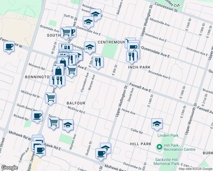 map of restaurants, bars, coffee shops, grocery stores, and more near 38 Welbourn Drive in Hamilton