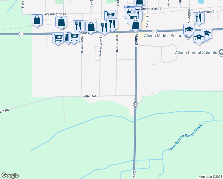 map of restaurants, bars, coffee shops, grocery stores, and more near 105 Allen Road in Albion