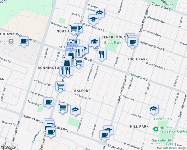 map of restaurants, bars, coffee shops, grocery stores, and more near 28 Warren Avenue in Hamilton