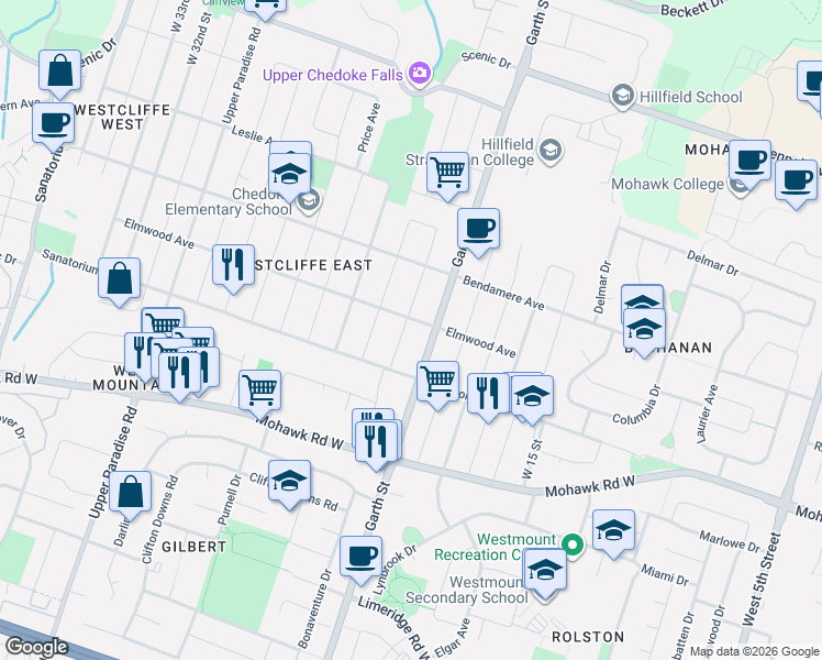 map of restaurants, bars, coffee shops, grocery stores, and more near 39 West 21st Street in Hamilton