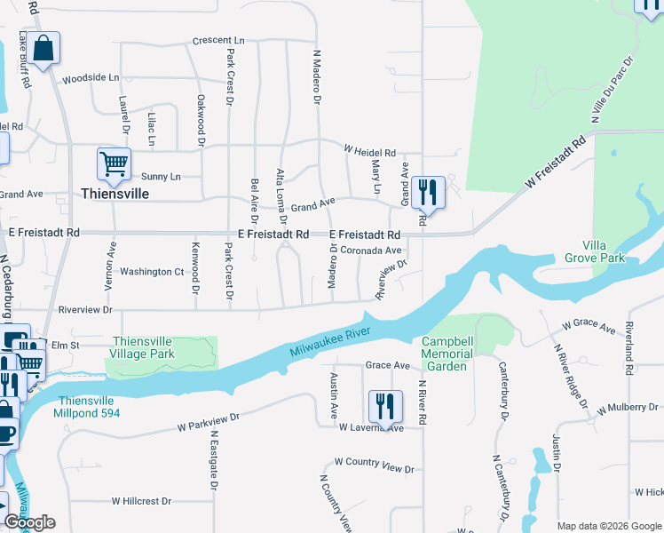 map of restaurants, bars, coffee shops, grocery stores, and more near 211 Luisita Road in Thiensville