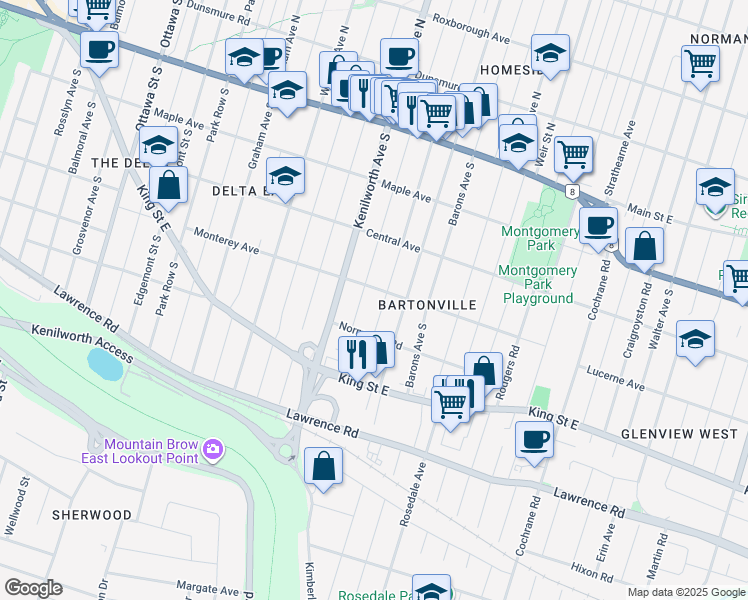map of restaurants, bars, coffee shops, grocery stores, and more near 1332 Monterey Avenue in Hamilton