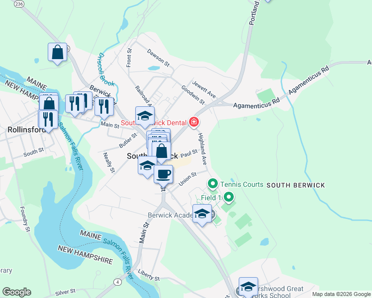 map of restaurants, bars, coffee shops, grocery stores, and more near 64 Paul Street in South Berwick