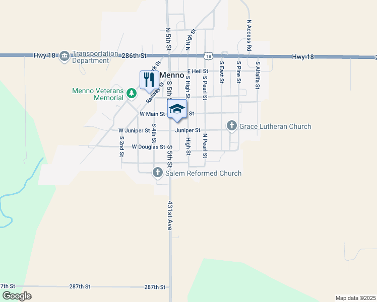 map of restaurants, bars, coffee shops, grocery stores, and more near 601 High Street in Menno