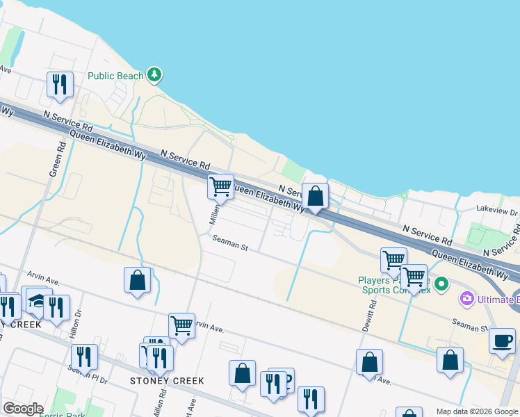map of restaurants, bars, coffee shops, grocery stores, and more near 442 Millen Road in Hamilton