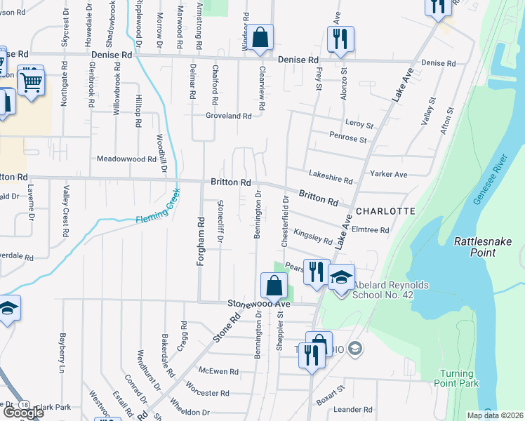 map of restaurants, bars, coffee shops, grocery stores, and more near 1082 Bennington Drive in Rochester