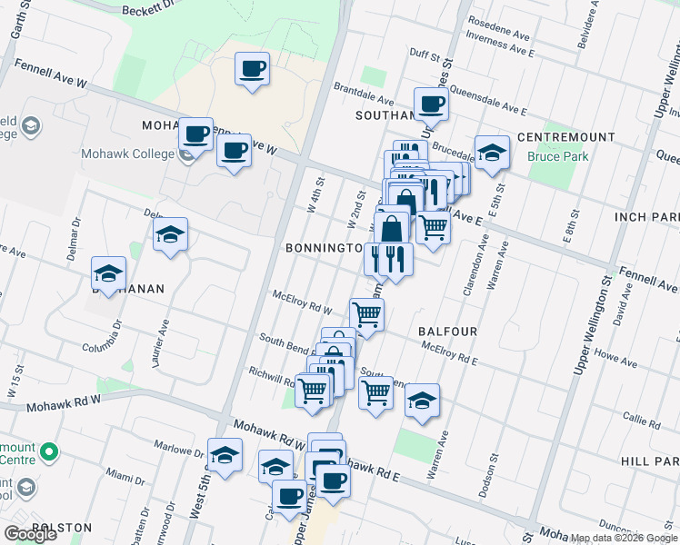 map of restaurants, bars, coffee shops, grocery stores, and more near 281 West 2nd Street in Hamilton