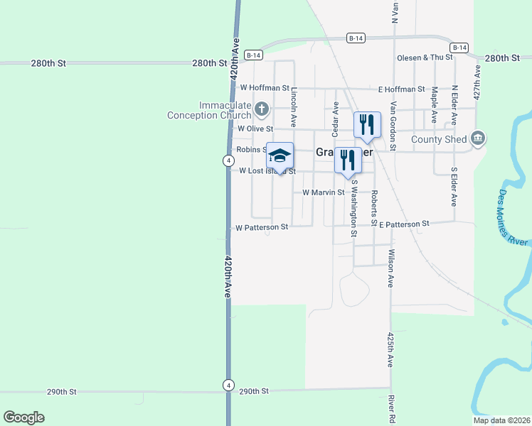 map of restaurants, bars, coffee shops, grocery stores, and more near 501-577 W Patterson St in Graettinger