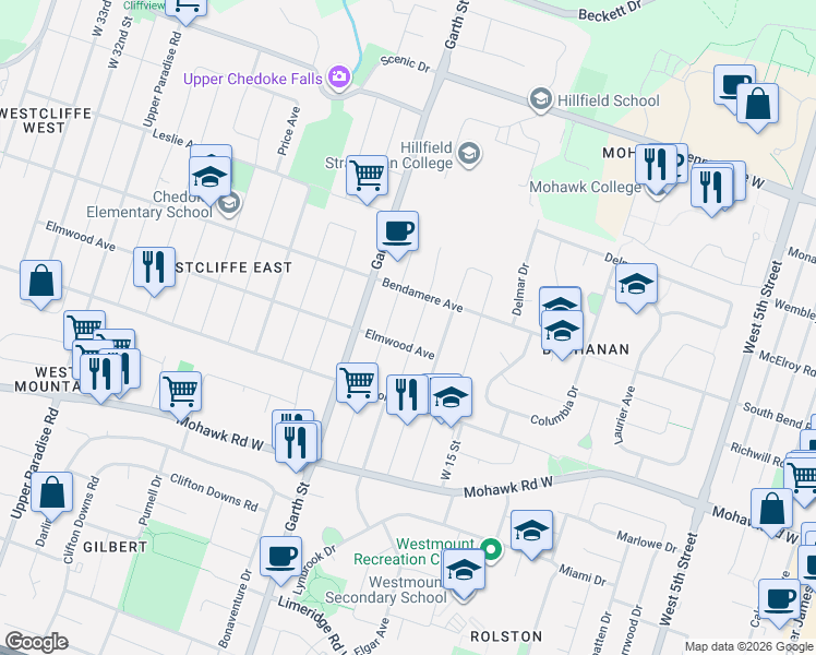 map of restaurants, bars, coffee shops, grocery stores, and more near 177 West 18th Street in Hamilton