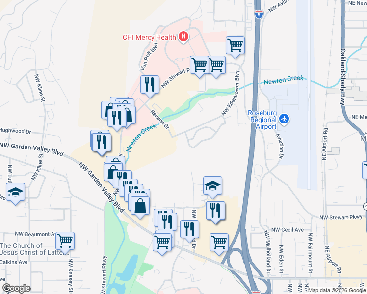 map of restaurants, bars, coffee shops, grocery stores, and more near 2403 Northwest Edenbower Boulevard in Roseburg
