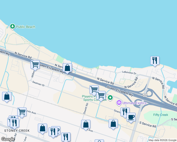 map of restaurants, bars, coffee shops, grocery stores, and more near 515 North Service Road in Hamilton