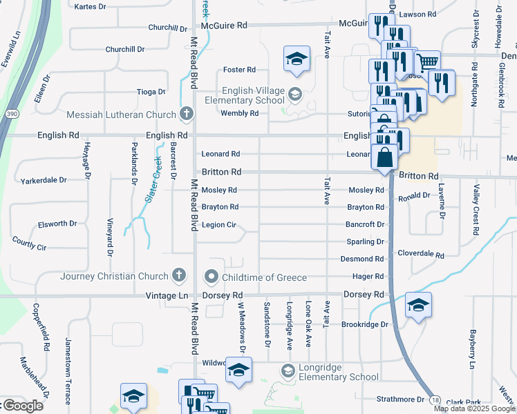 map of restaurants, bars, coffee shops, grocery stores, and more near 283 Brayton Road in Rochester