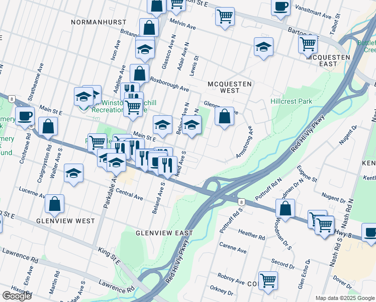 map of restaurants, bars, coffee shops, grocery stores, and more near 27 Dryden Lane in Hamilton