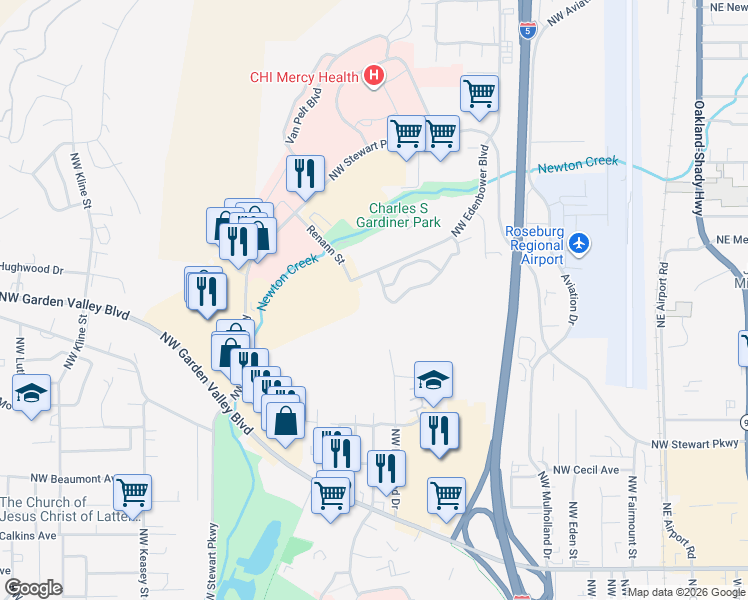 map of restaurants, bars, coffee shops, grocery stores, and more near 2403 Northwest Edenbower Boulevard in Roseburg